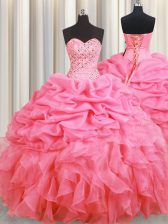 Ideal Rose Pink Lace Up Halter Top Beading and Ruffles and Pick Ups Quinceanera Dresses Organza Sleeveless