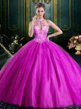  Halter Top Fuchsia Tulle Lace Up High-neck Sleeveless Floor Length 15th Birthday Dress Beading and Lace and Appliques