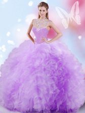  Sequins High-neck Sleeveless Zipper 15 Quinceanera Dress Lavender Tulle