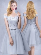  Grey A-line Off The Shoulder Sleeveless Tulle Knee Length Lace Up Appliques and Belt Quinceanera Court Dresses