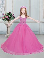  Scoop Beading Pageant Gowns For Girls Hot Pink Lace Up Sleeveless Floor Length