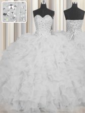 Charming Visible Boning Sweetheart Sleeveless Organza Ball Gown Prom Dress Beading and Ruffles and Sashes ribbons Lace Up