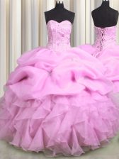 Wonderful Visible Boning Sleeveless Floor Length Beading and Ruffles and Pick Ups Lace Up Sweet 16 Dresses with Lilac