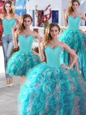 Romantic Four Piece Floor Length White and Baby Blue Sweet 16 Quinceanera Dress Sweetheart Sleeveless Lace Up