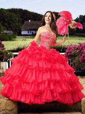 Glorious Coral Red Sweetheart Neckline Beading and Ruffled Layers Quinceanera Dress Sleeveless Lace Up