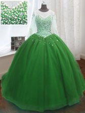 Captivating Scoop Green Long Sleeves Beading and Sequins Lace Up Ball Gown Prom Dress