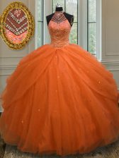 Customized Orange Red Lace Up Halter Top Beading Quinceanera Dress Tulle Sleeveless