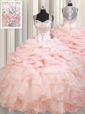 Decent Straps Pink Organza Zipper Ball Gown Prom Dress Sleeveless Brush Train Beading and Ruffles and Pick Ups