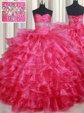Spectacular Coral Red Ball Gowns Ruffled Layers Vestidos de Quinceanera Lace Up Organza Sleeveless Floor Length