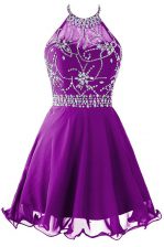 New Style Halter Top Mini Length A-line Sleeveless Purple Dress for Prom Zipper