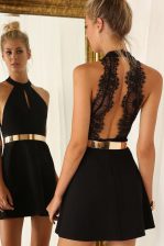 Artistic A-line Black Halter Top Satin Sleeveless Mini Length Backless