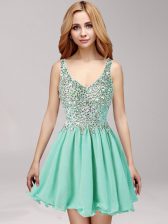  Straps Beading and Ruffles Evening Dress Apple Green Side Zipper Sleeveless Mini Length