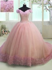 Fancy Off the Shoulder Short Sleeves Court Train Lace Up With Train Hand Made Flower Sweet 16 Dress