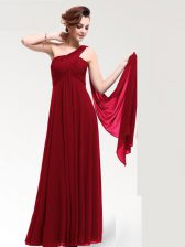 Sumptuous One Shoulder Wine Red Zipper Prom Party Dress Ruching Sleeveless Floor Length