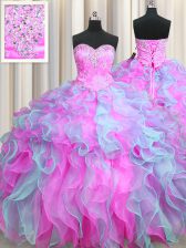  Multi-color Sleeveless Floor Length Beading and Appliques and Ruffles Lace Up 15 Quinceanera Dress