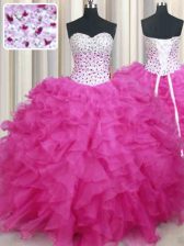 Glorious Halter Top Hot Pink Ball Gowns Beading and Ruffles Quinceanera Dress Lace Up Organza Sleeveless Floor Length