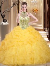  Halter Top Sleeveless Floor Length Beading and Ruffles and Pick Ups Lace Up Ball Gown Prom Dress with Yellow