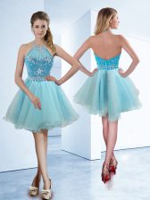  Halter Top Sleeveless Knee Length Beading Zipper with Light Blue