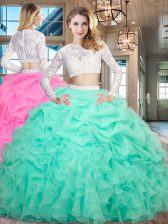  Apple Green Two Pieces Scoop Long Sleeves Organza Floor Length Zipper Beading and Lace and Ruffles Sweet 16 Quinceanera Dress