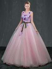 Sweet Scoop Sleeveless Lace Up Floor Length Appliques Quinceanera Gowns