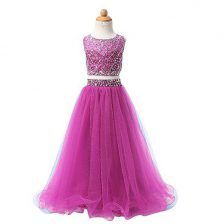 On Sale Scoop Sleeveless Organza Floor Length Zipper Toddler Flower Girl Dress in Fuchsia with Beading