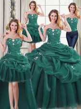  Four Piece Sweetheart Sleeveless Ball Gown Prom Dress Floor Length Beading and Ruffles and Pick Ups Dark Green Organza