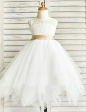  Scoop White Tulle Zipper Flower Girl Dresses for Less Sleeveless Floor Length Lace and Ruffled Layers and Sashes ribbons