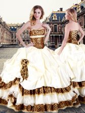 Superior Sleeveless Taffeta Floor Length Lace Up 15 Quinceanera Dress in Champagne with Pick Ups and Hand Made Flower