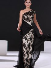  One Shoulder With Train Side Zipper Prom Gown Black for Prom and Party with Lace Brush Train