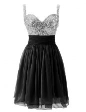 Fancy Black Chiffon Zipper Straps Sleeveless Knee Length Prom Party Dress Beading