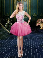 Fantastic Scoop Clasp Handle Mini Length Hot Pink Dress for Prom Tulle Sleeveless Lace