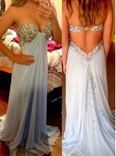 Custom Fit Light Blue Sweetheart Backless Beading Prom Dresses Brush Train Sleeveless