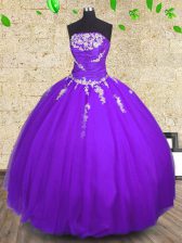 Attractive Purple Tulle Lace Up 15 Quinceanera Dress Sleeveless Floor Length Appliques and Ruching