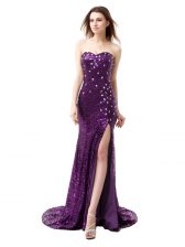 Simple Mermaid Purple Prom Dresses Prom with Beading and Ruffles Sweetheart Sleeveless Brush Train Side Zipper