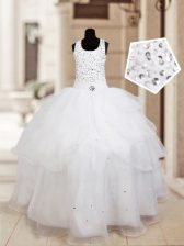 Modern White Halter Top Neckline Beading and Ruffled Layers Flower Girl Dresses Sleeveless Lace Up