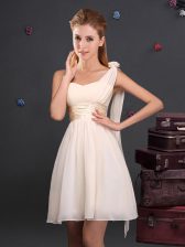  Champagne One Shoulder Neckline Ruching and Hand Made Flower Dama Dress for Quinceanera Sleeveless Zipper
