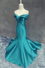 Beauteous Mermaid Teal Satin Zipper Sweetheart Sleeveless Prom Party Dress Brush Train Ruching