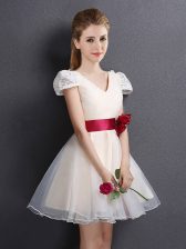Colorful Champagne Organza Lace Up V-neck Short Sleeves Mini Length Court Dresses for Sweet 16 Lace and Hand Made Flower