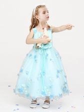 Best Straps Sleeveless Flower Girl Dresses Ankle Length Appliques and Bowknot and Hand Made Flower Light Blue Organza