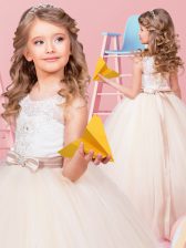 Latest Champagne Lace Up Scoop Appliques and Bowknot Flower Girl Dress Tulle Sleeveless