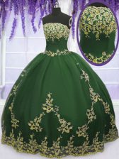 Customized Floor Length Zipper 15 Quinceanera Dress Dark Green for Military Ball and Sweet 16 and Quinceanera with Appliques
