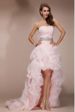 Inexpensive Baby Pink Sleeveless Organza Brush Train Zipper Prom Gown for Prom and Party