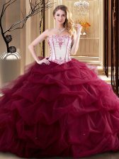 Fantastic Wine Red Ball Gown Prom Dress Military Ball and Sweet 16 and Quinceanera with Embroidery and Ruffled Layers Strapless Sleeveless Lace Up