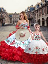 Noble Organza and Taffeta Sweetheart Sleeveless Lace Up Embroidery Ball Gown Prom Dress in White And Red