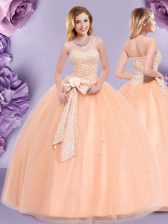 Ideal Peach Zipper Ball Gown Prom Dress Beading and Bowknot Sleeveless Floor Length