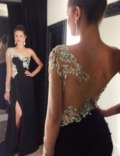 Glamorous Black Mermaid One Shoulder Long Sleeves Chiffon With Train Sweep Train Side Zipper Beading Prom Evening Gown