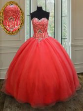Edgy Coral Red Ball Gowns Sweetheart Sleeveless Organza Floor Length Lace Up Beading Quince Ball Gowns