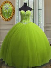 Latest Sleeveless Floor Length Beading and Sequins Lace Up Quince Ball Gowns with Yellow Green