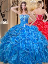 Fashion Floor Length Lace Up Vestidos de Quinceanera Blue for Military Ball and Sweet 16 and Quinceanera with Embroidery and Ruffles