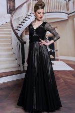  Floor Length Black Homecoming Dress V-neck 3 4 Length Sleeve Zipper